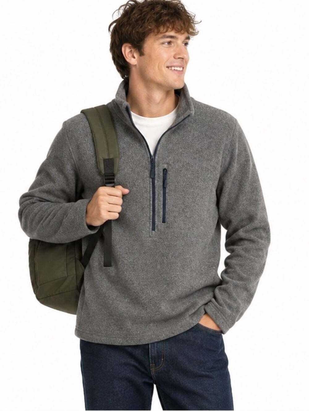 L.L. Bean Grey 1/4 Zip Long Sleeved Stand Up Collar Pocket Pulled Fleece Sweater